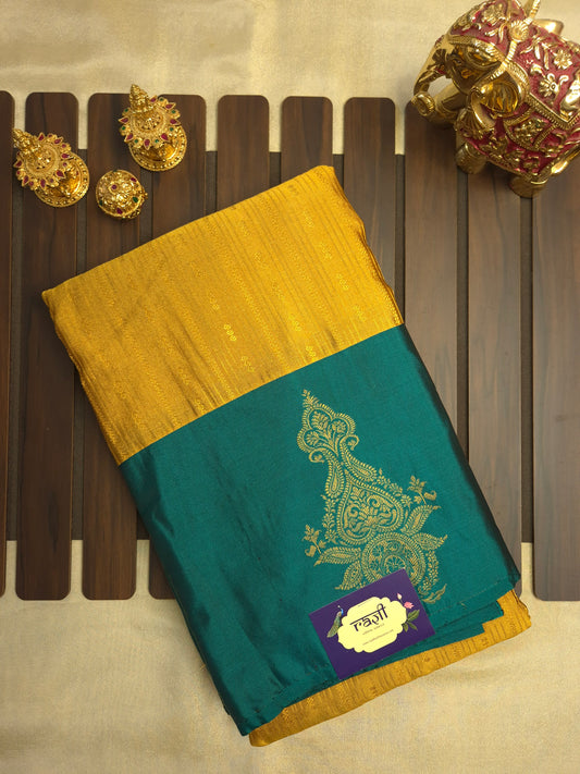 Golden Yellow Kanchipuram Silk Saree with Rama green Border and Golden Zari