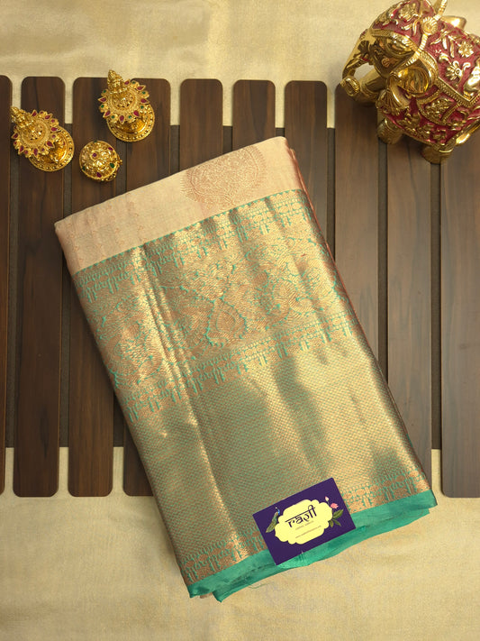 Beige Kanchipuram Silk Saree with Turquoise Border and Golden Zari