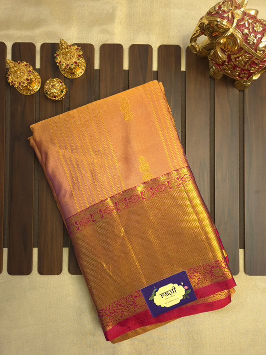 Dual shade of Peach and Rose gold Kanchipuram Silk Saree with Rani Pink Border and Golden Zari