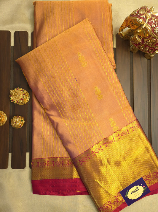 Dual shade of Peach and Rose gold Kanchipuram Silk Saree with Rani Pink Border and Golden Zari