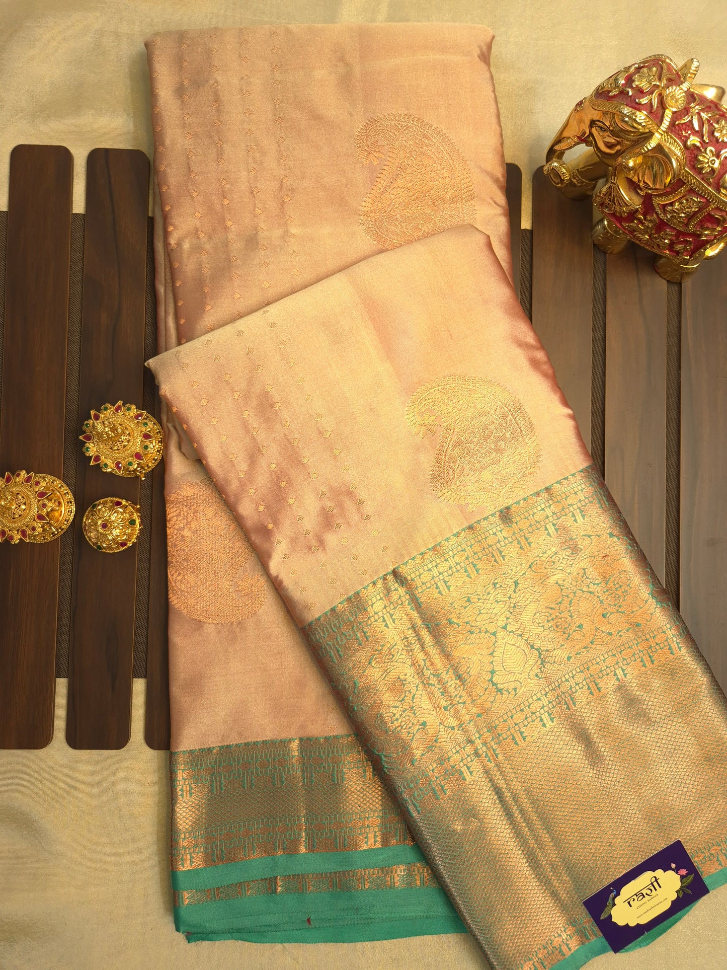 Beige Kanchipuram Silk Saree with Turquoise Border and Golden Zari