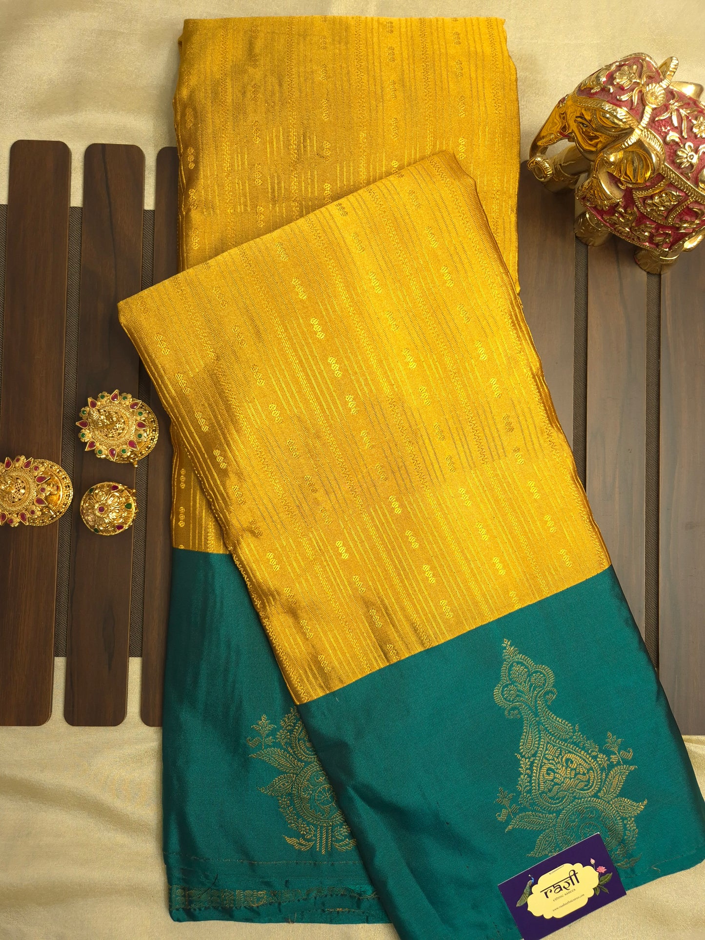 Golden Yellow Kanchipuram Silk Saree with Rama green Border and Golden Zari