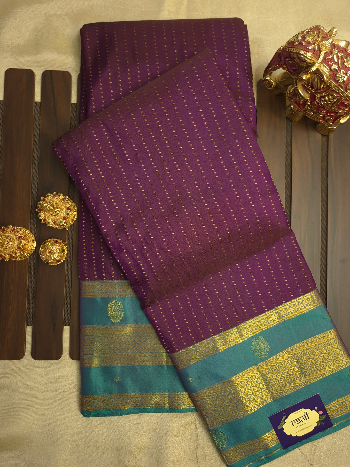 Purple Kanchipuram Silk Saree with Teal Border and Golden Zari