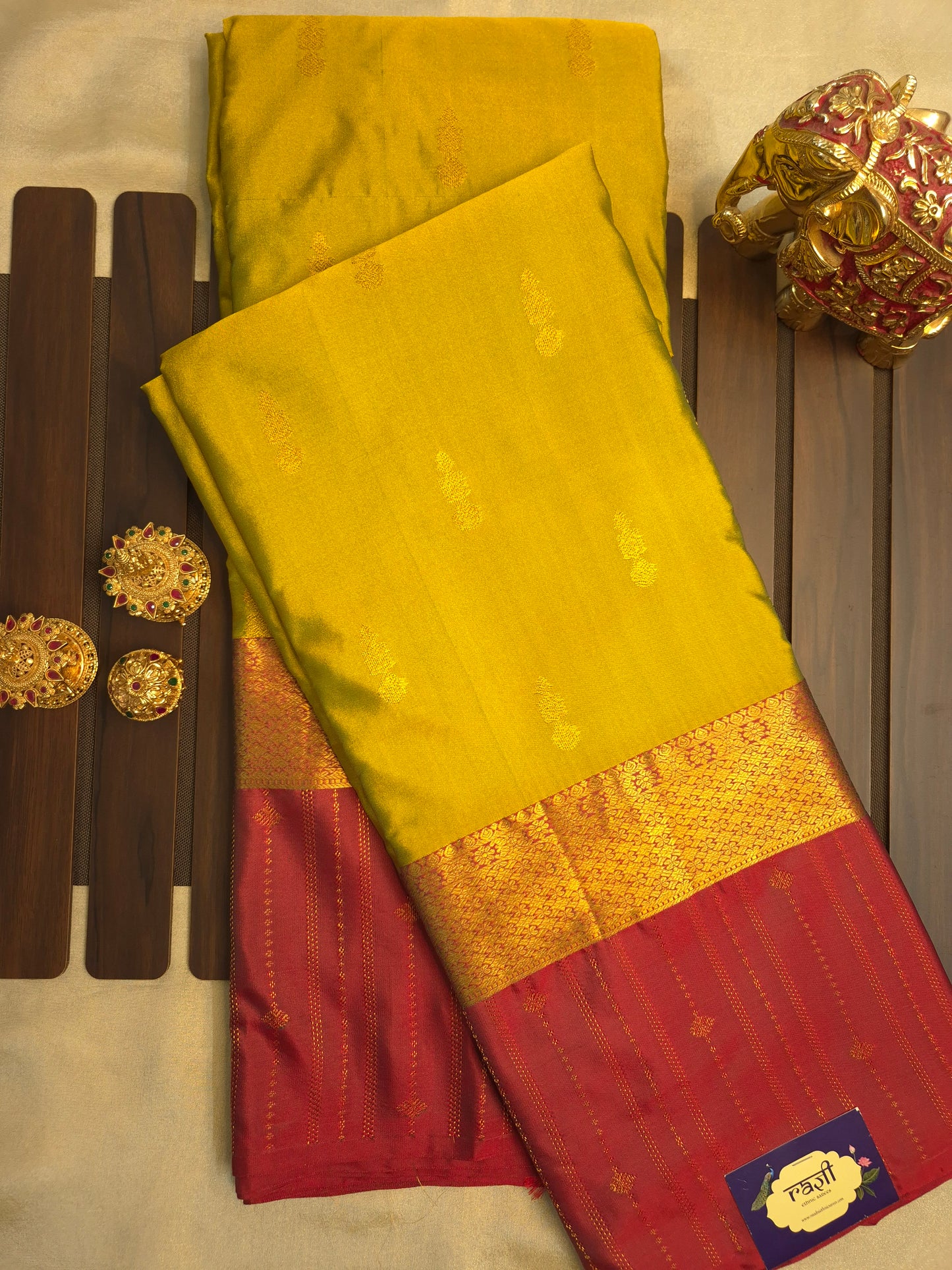 Mustard Yellowish Green Kanchipuram Silk Saree with Dark Red Border and Golden Zari
