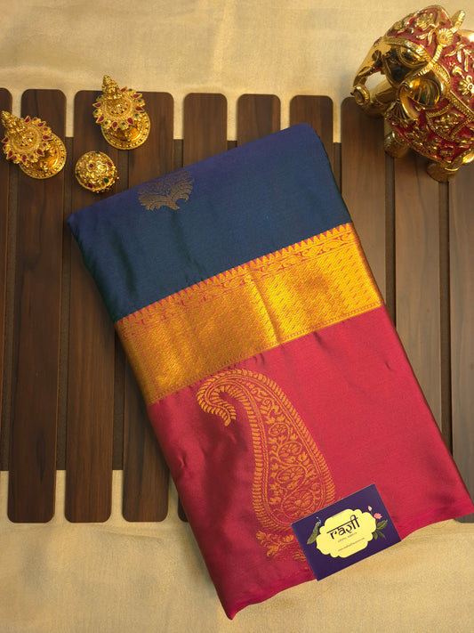 Royal Blue Kanchipuram Silk Saree with Reddish Pink Border and Golden Zari