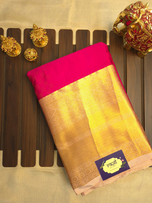 Rani Pink Kanchipuram Silk Saree with Gold Border and Golden Zari