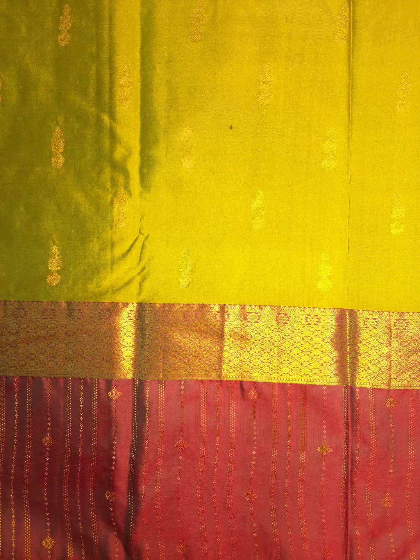 Mustard Yellowish Green Kanchipuram Silk Saree with Dark Red Border and Golden Zari