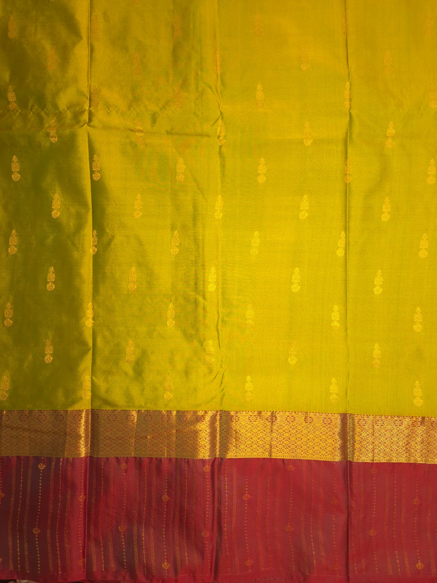 Mustard Yellowish Green Kanchipuram Silk Saree with Dark Red Border and Golden Zari