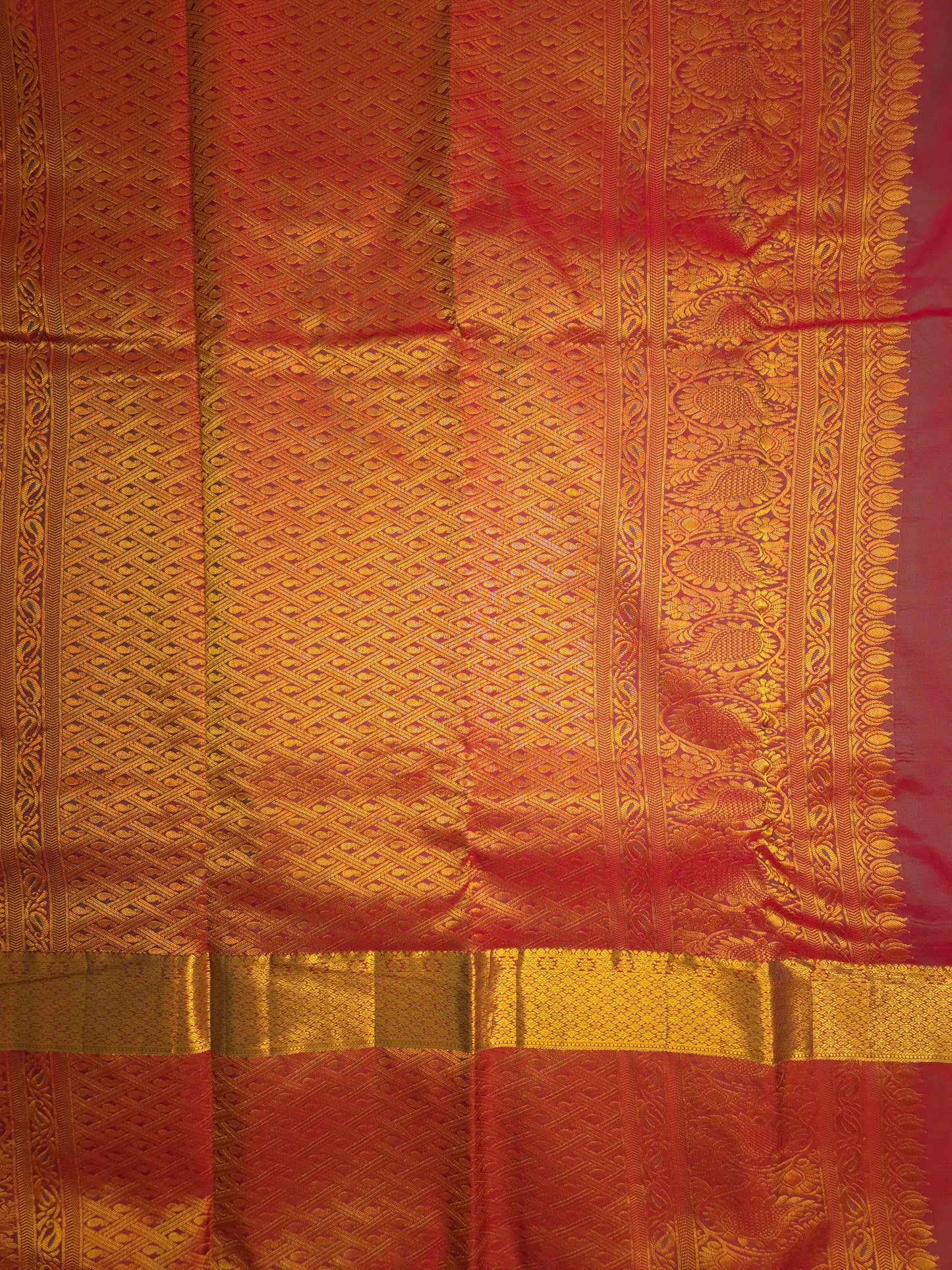 Mustard Yellowish Green Kanchipuram Silk Saree with Dark Red Border and Golden Zari