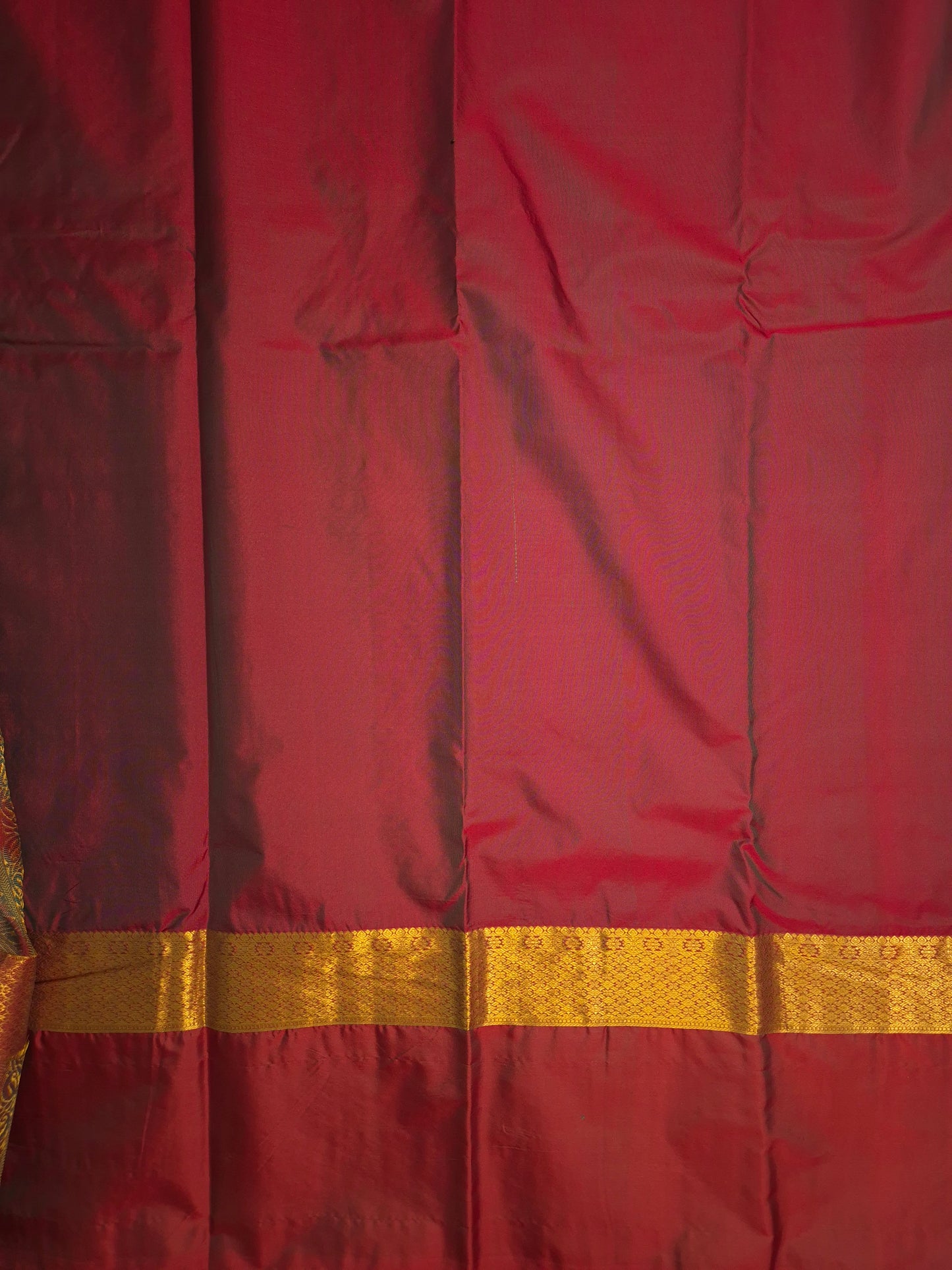 Mustard Yellowish Green Kanchipuram Silk Saree with Dark Red Border and Golden Zari