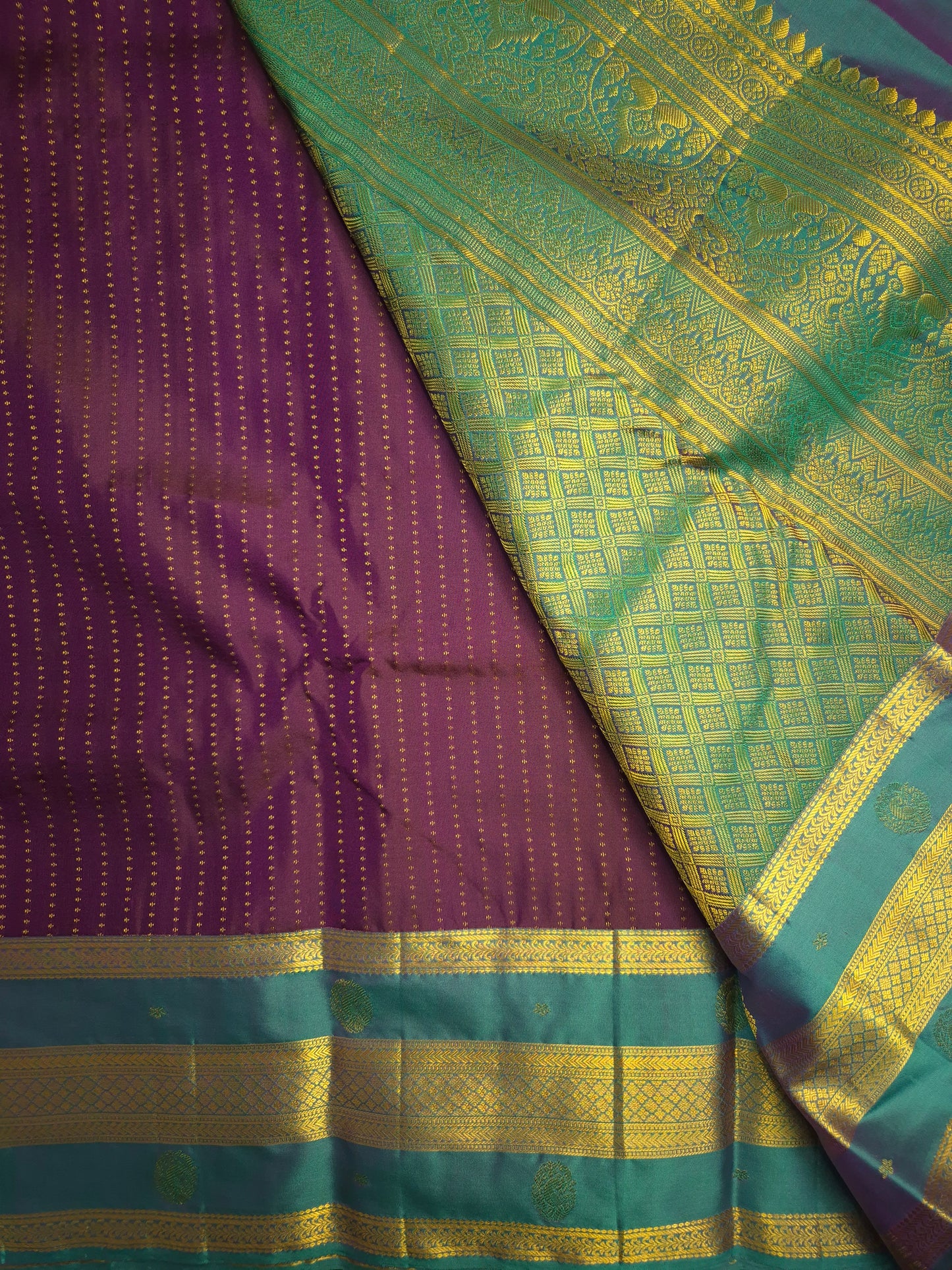 Purple Kanchipuram Silk Saree with Teal Border and Golden Zari