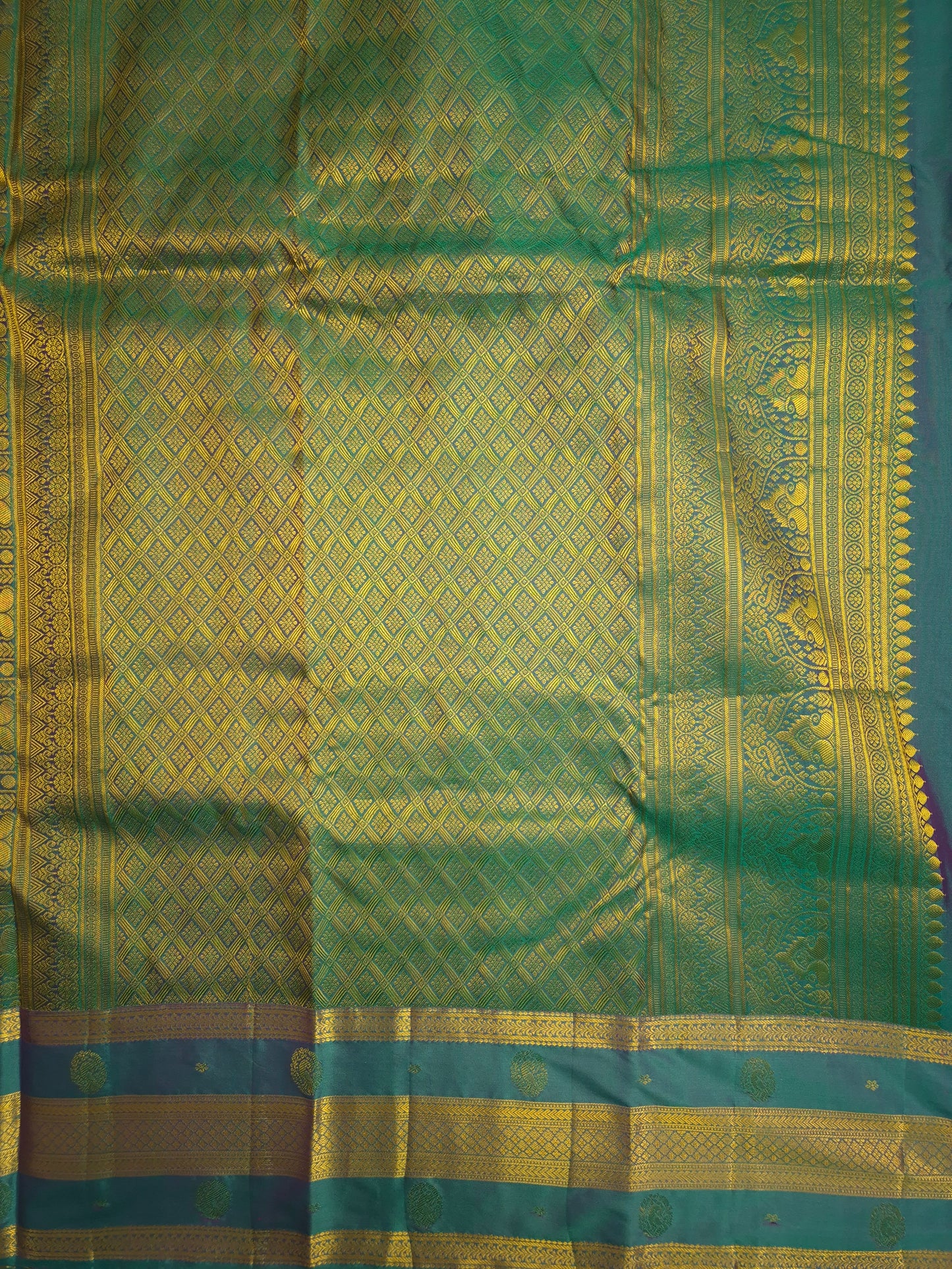 Purple Kanchipuram Silk Saree with Teal Border and Golden Zari