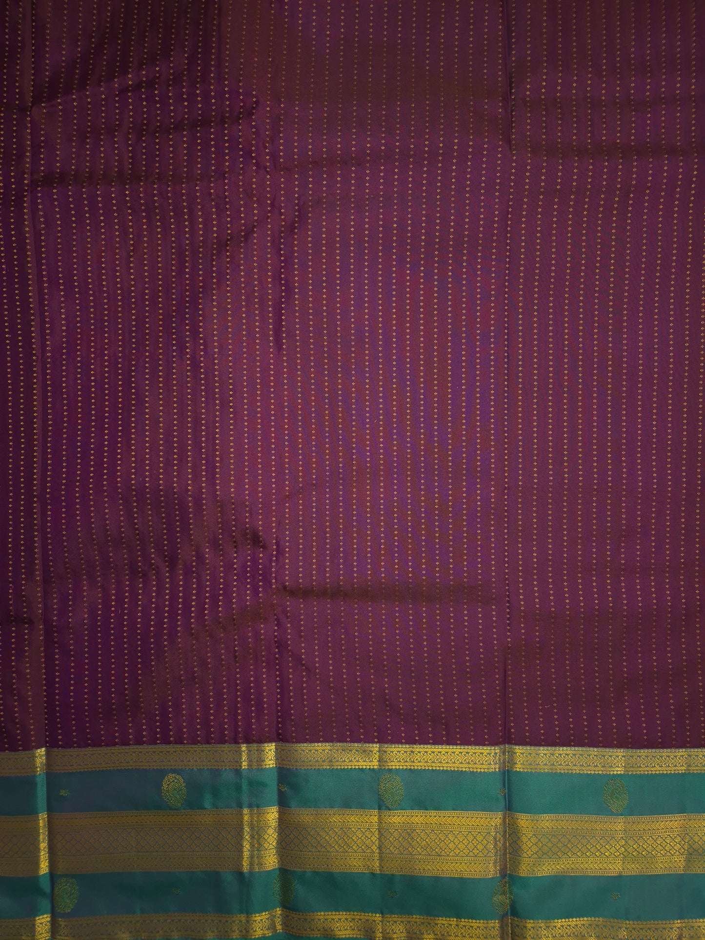 Purple Kanchipuram Silk Saree with Teal Border and Golden Zari