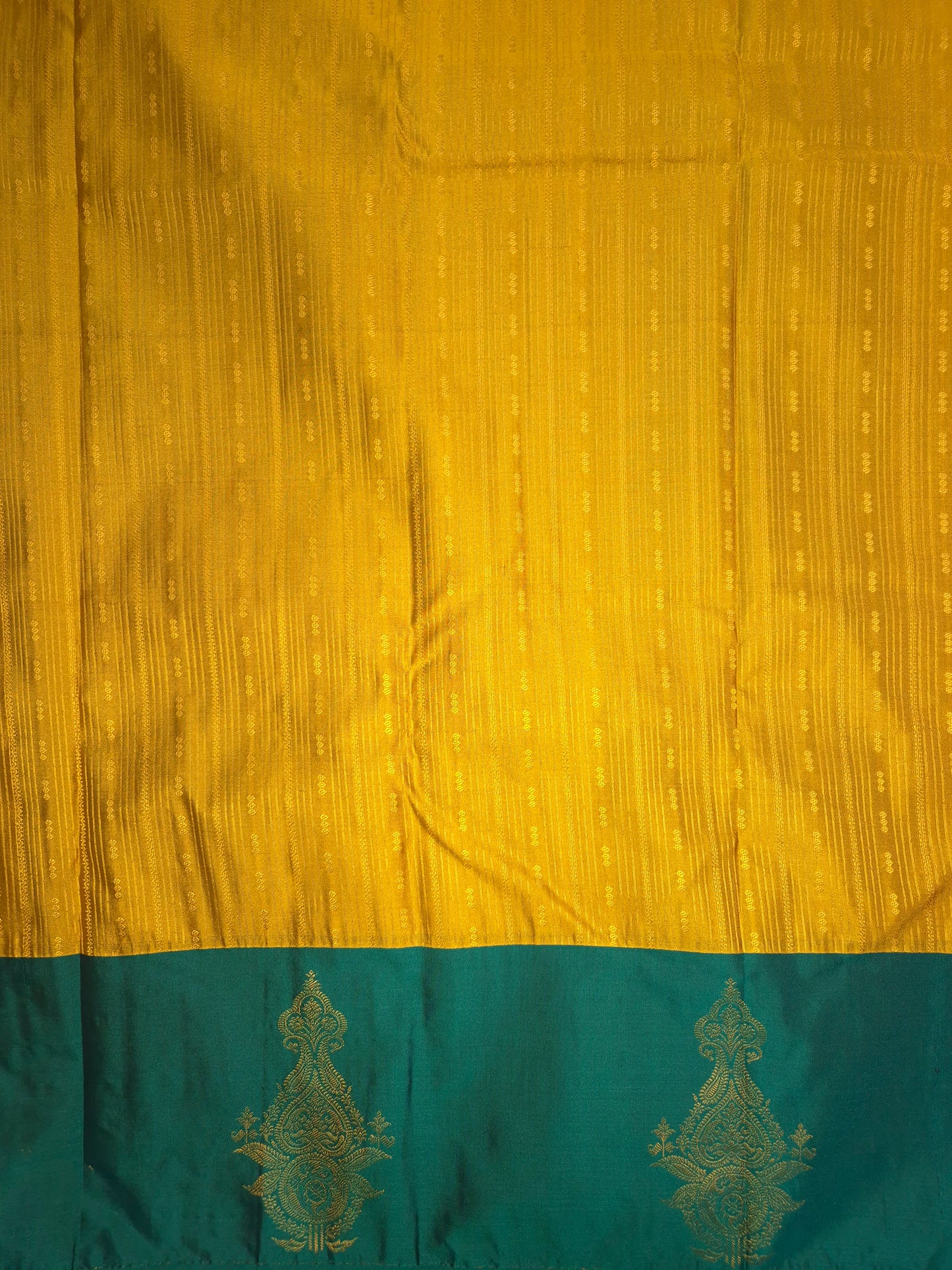 Golden Yellow Kanchipuram Silk Saree with Rama green Border and Golden Zari