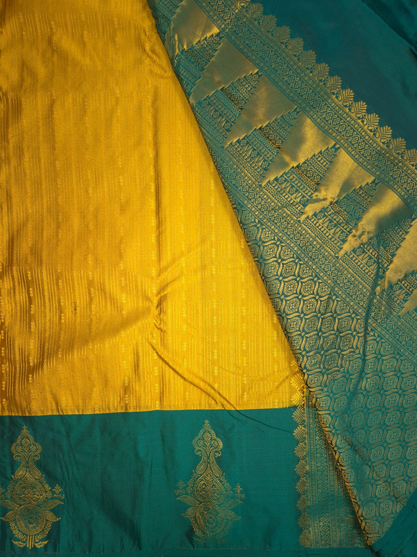 Golden Yellow Kanchipuram Silk Saree with Rama green Border and Golden Zari