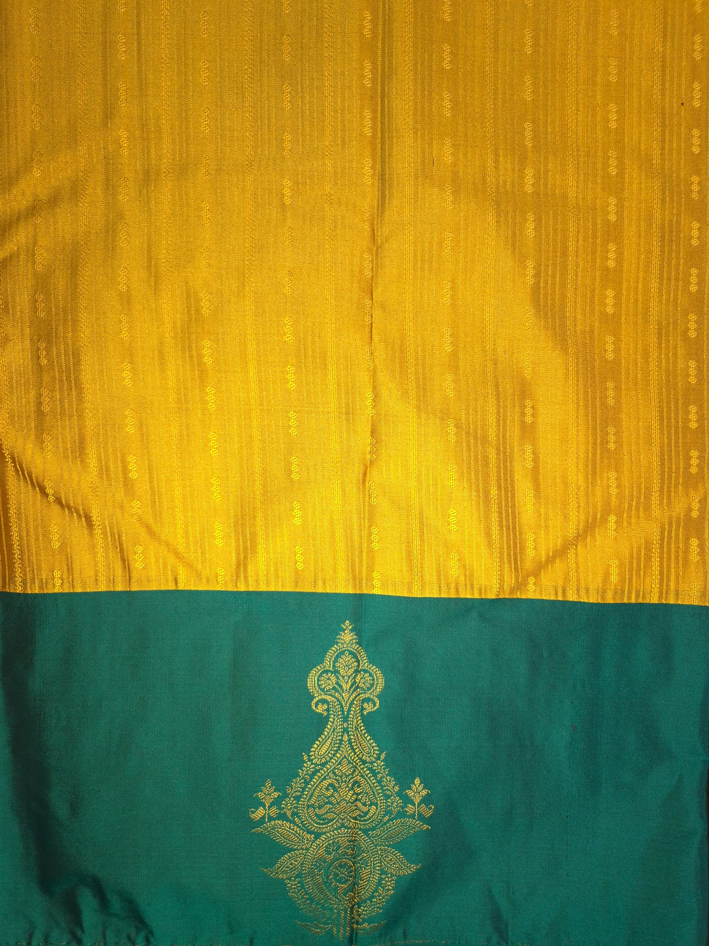 Golden Yellow Kanchipuram Silk Saree with Rama green Border and Golden Zari