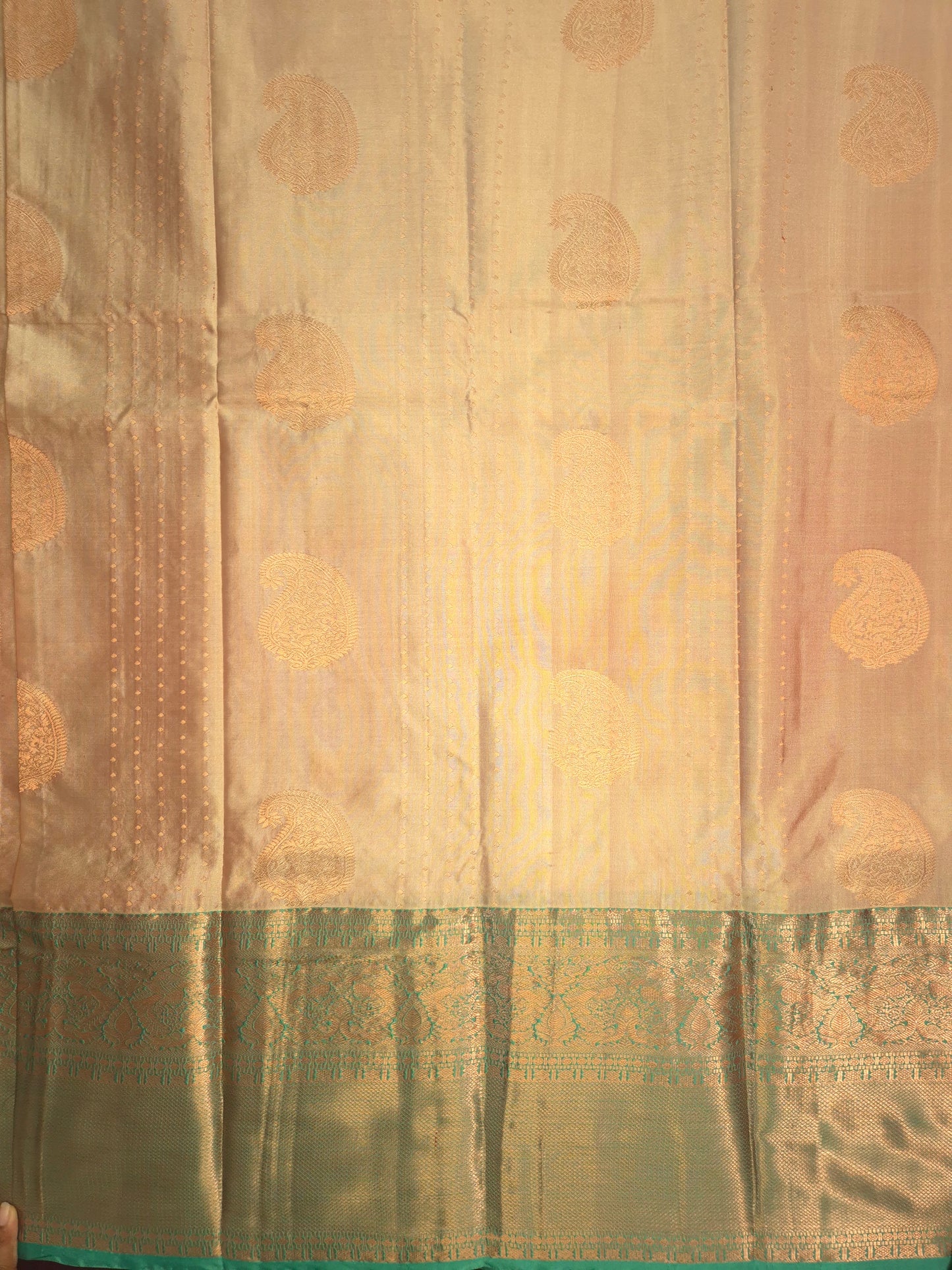 Beige Kanchipuram Silk Saree with Turquoise Border and Golden Zari