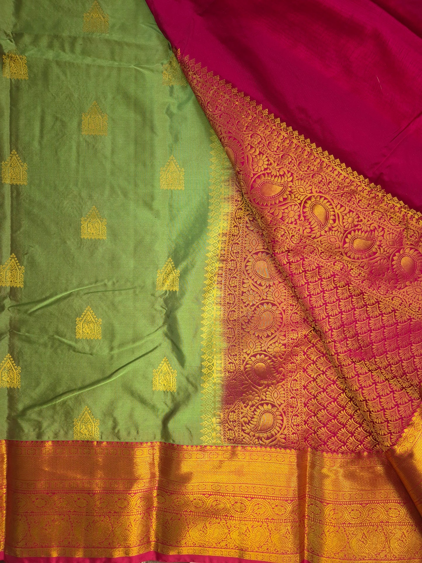 Light Green Kanchipuram Silk Saree with Rani Pink Border and Golden Zari