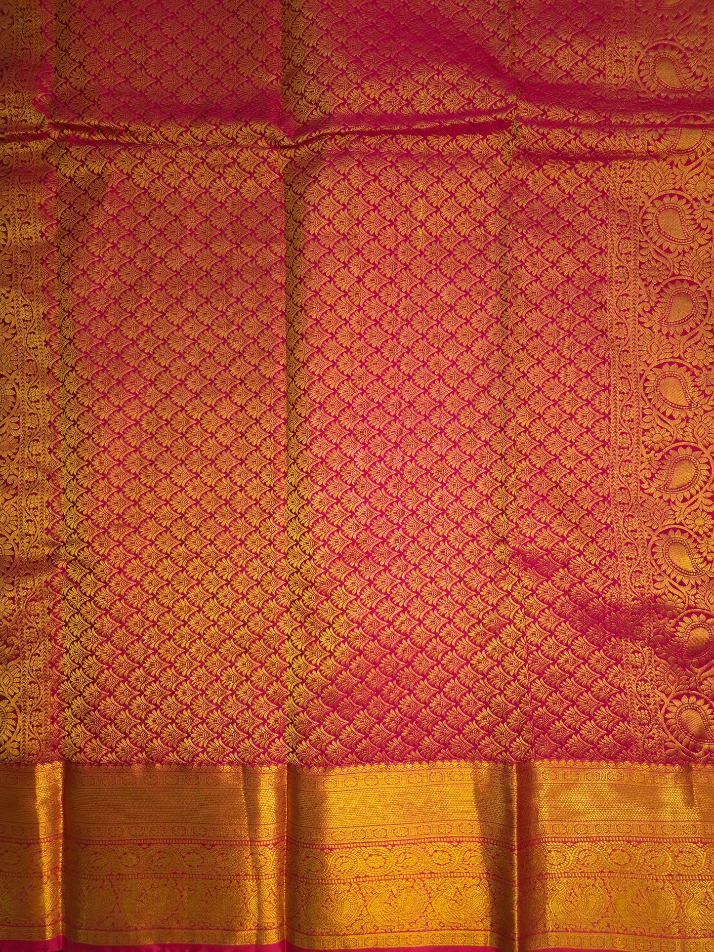 Light Green Kanchipuram Silk Saree with Rani Pink Border and Golden Zari