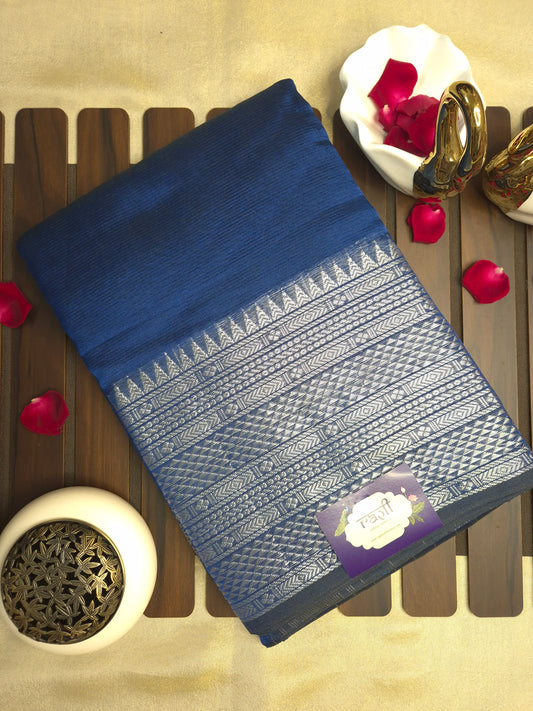 Navy Blue Colour Mangalgiri Pattu Silk Saree with allover Silver Checks and Silver Zari Kanchi Border