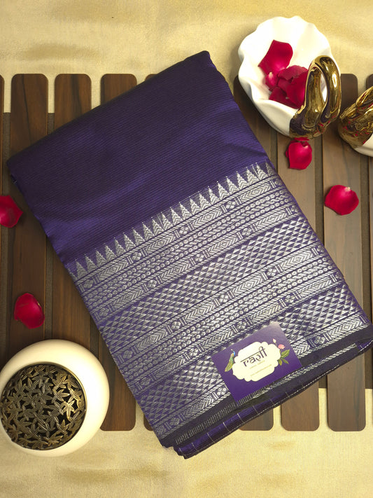Purple Colour Mangalgiri Pattu Silk Saree with allover Silver Checks and Silver Zari Kanchi Border