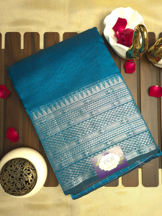 Blue Colour Mangalgiri Pattu Silk Saree with allover Silver Checks and Silver Zari Kanchi Border