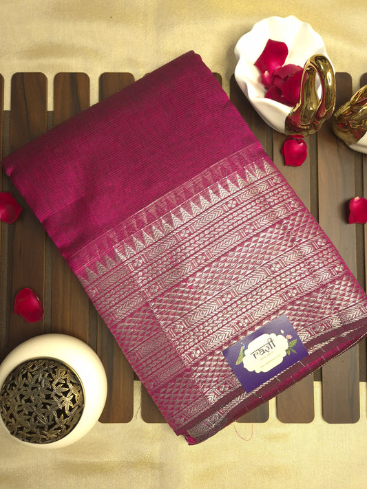 Berry Colour Mangalgiri Pattu Silk Saree with allover Silver Checks and Silver Zari Kanchi Border