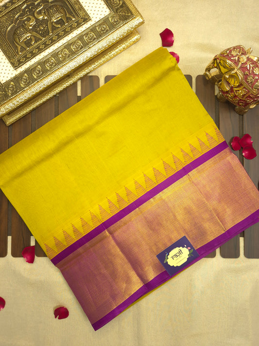 Yellowish Green Silk Cotton Saree with Purple Border