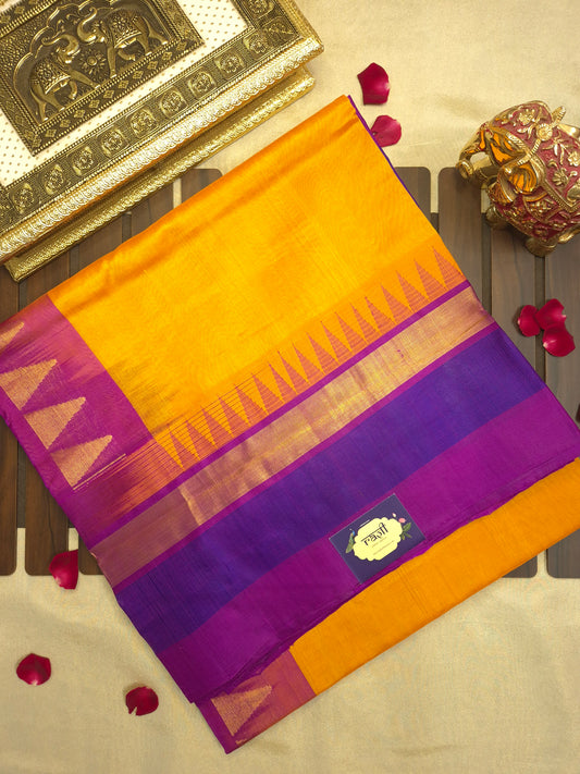 Mango Yellow Silk Cotton Saree with Purple Border