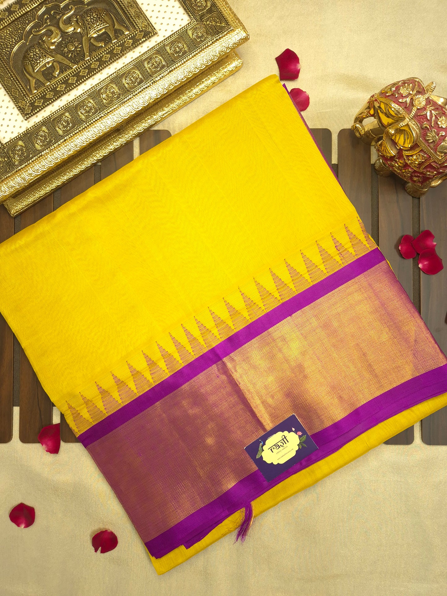Yellow Silk Cotton Saree with Purple Border