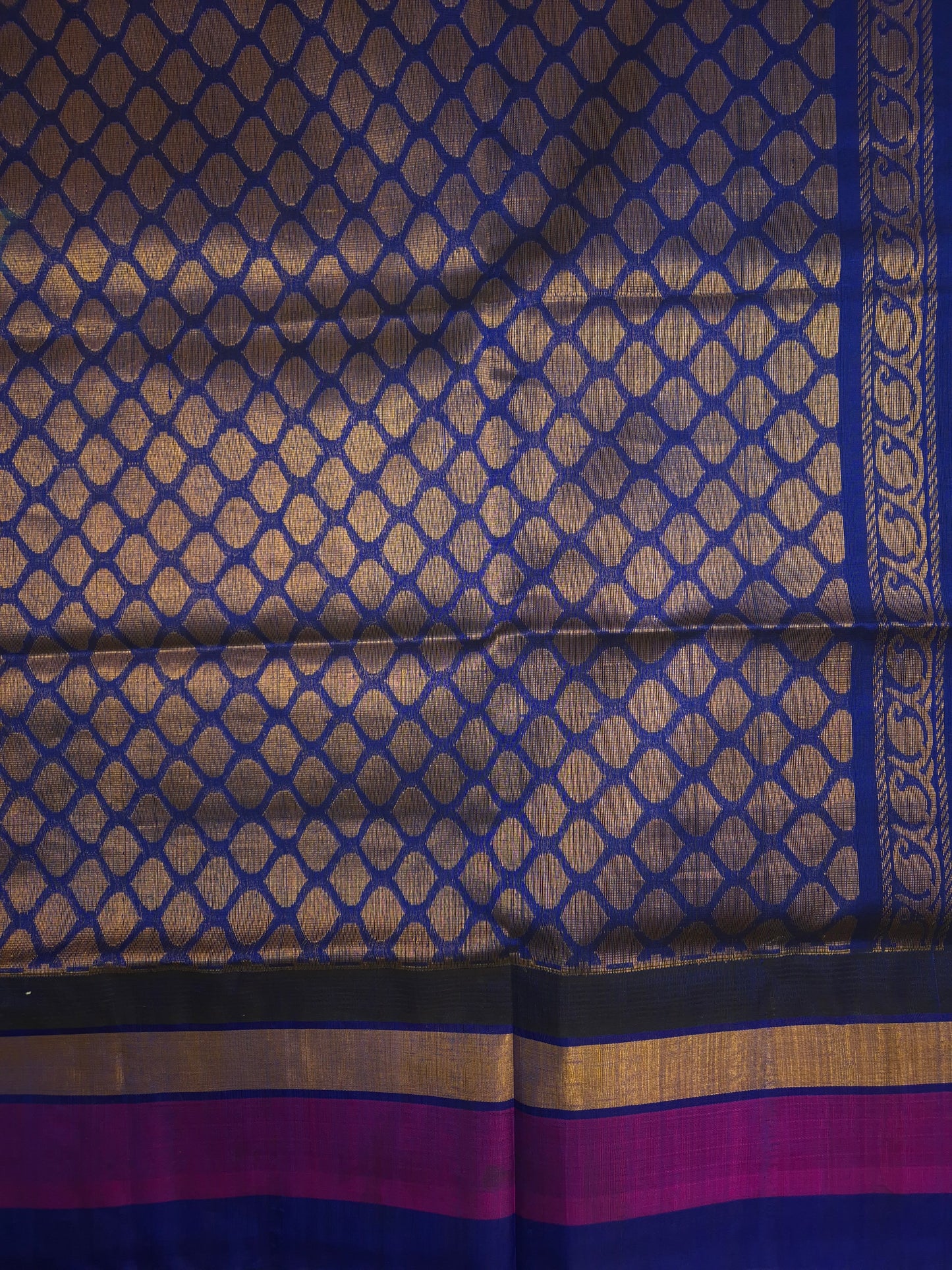 Greenish Yellow Silk Cotton Saree with Dark Blue and Purple Border