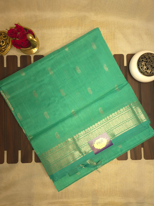 Turquoise Mangalgiri Kollam Pattu Silk Saree with all-over Silver Buttas