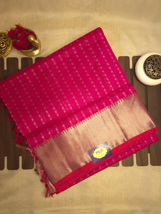Rani Pink Mangalgiri Kollam Pattu Silk Saree with all-over woven Silver Zari