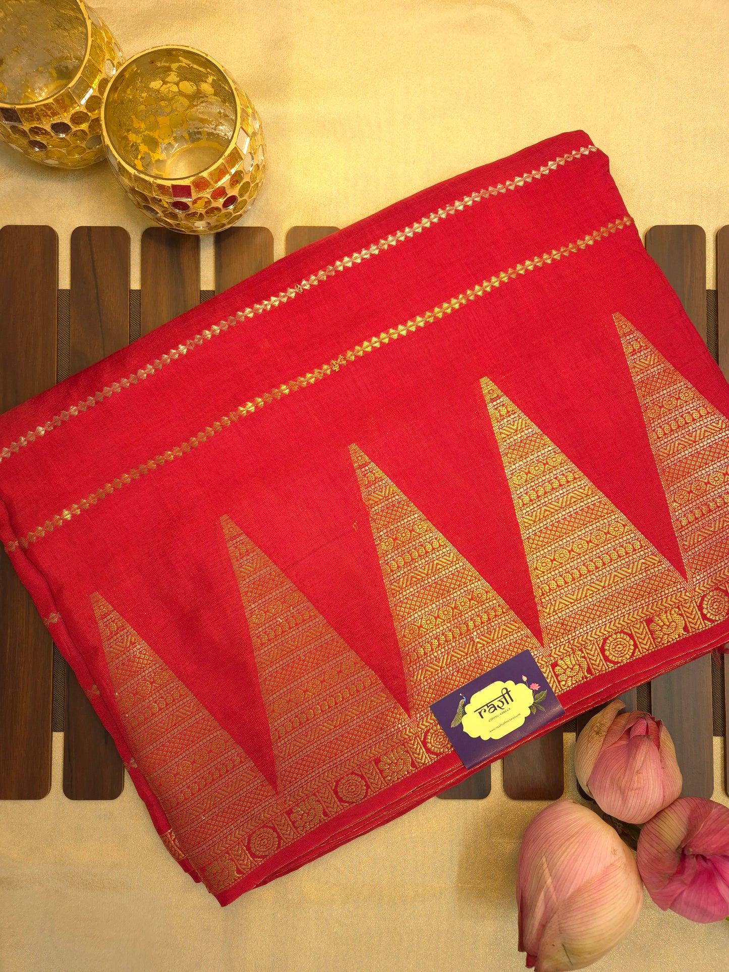 Red Mona Silk Saree with Golden and Silver Zari