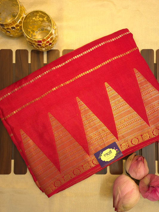 Red Mona Silk Saree with Golden and Silver Zari