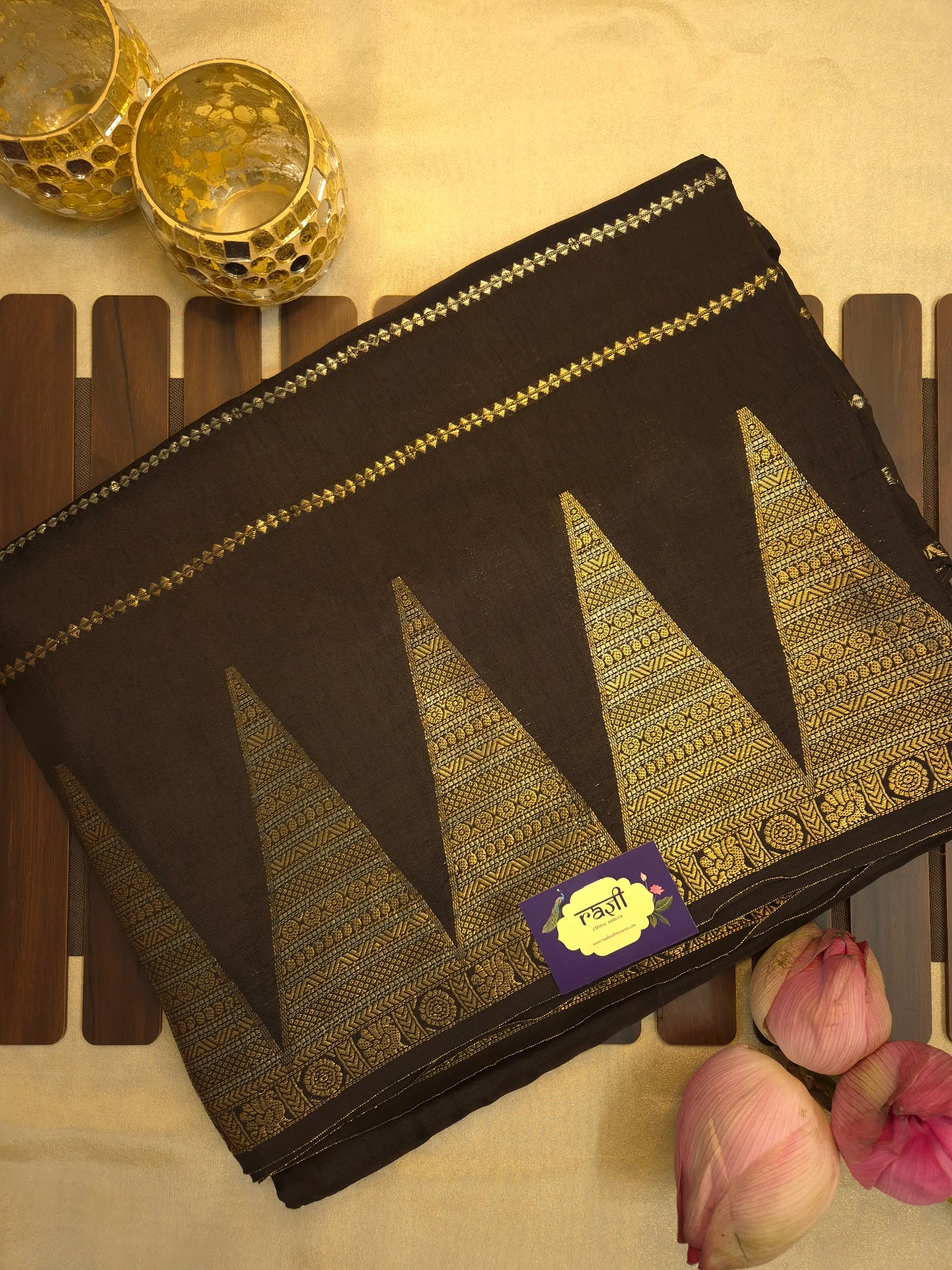Black Mona Silk Saree with Golden and Silver Zari