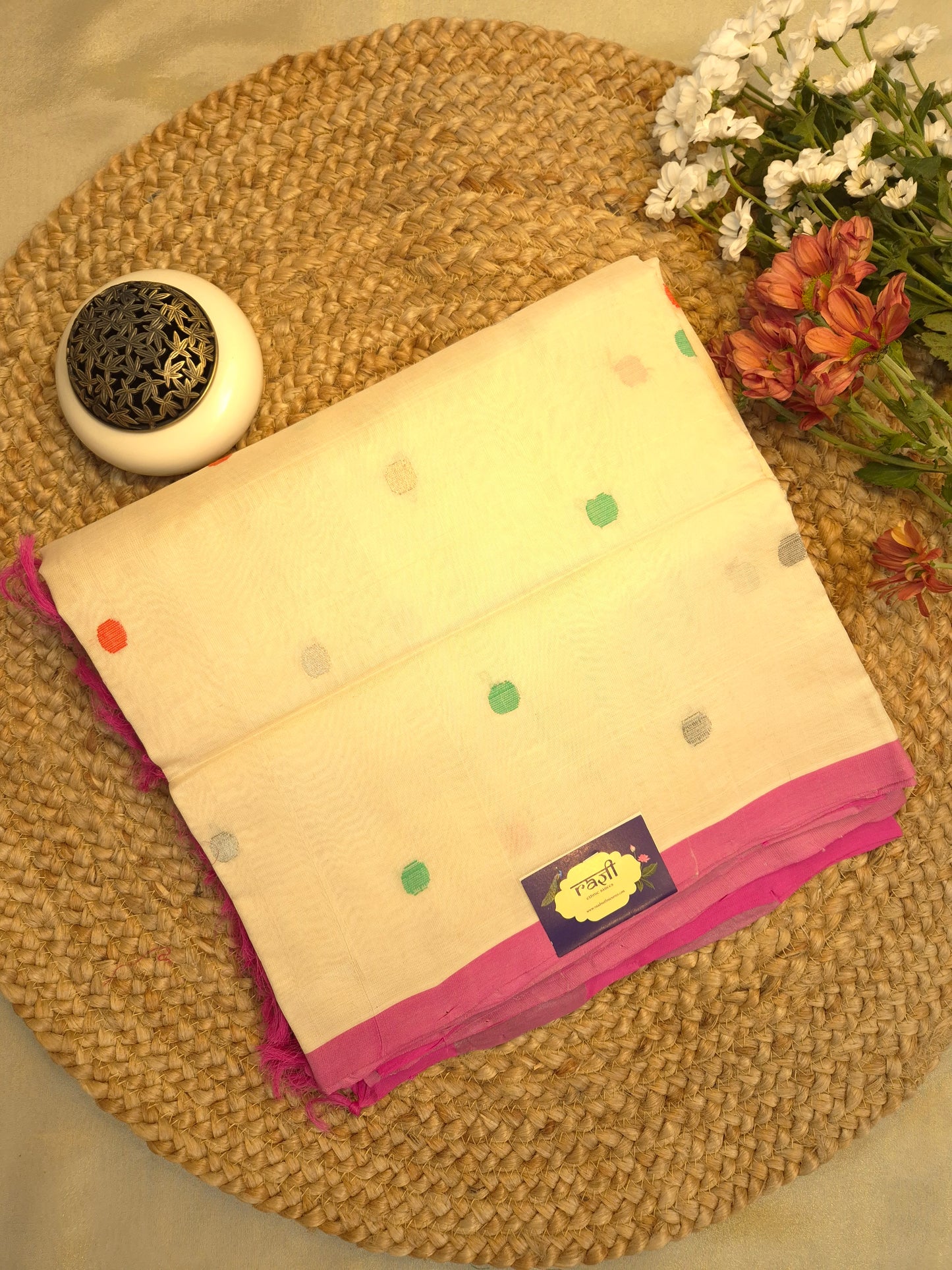 Off-White Sico Silk Saree with Colourful Polka Buttas all over