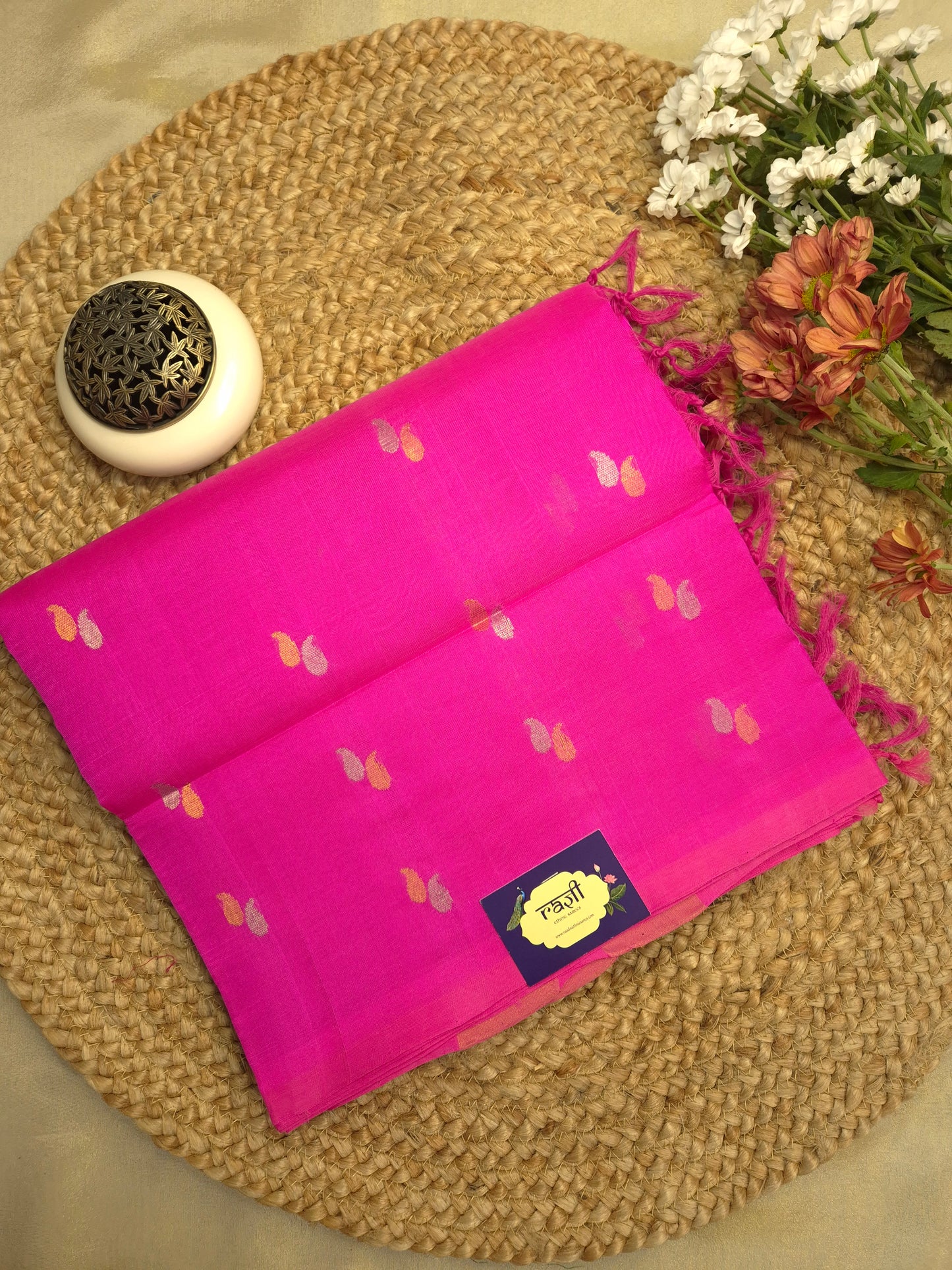Pink Sico Silk Saree with Golden and Silver all-over Buttas