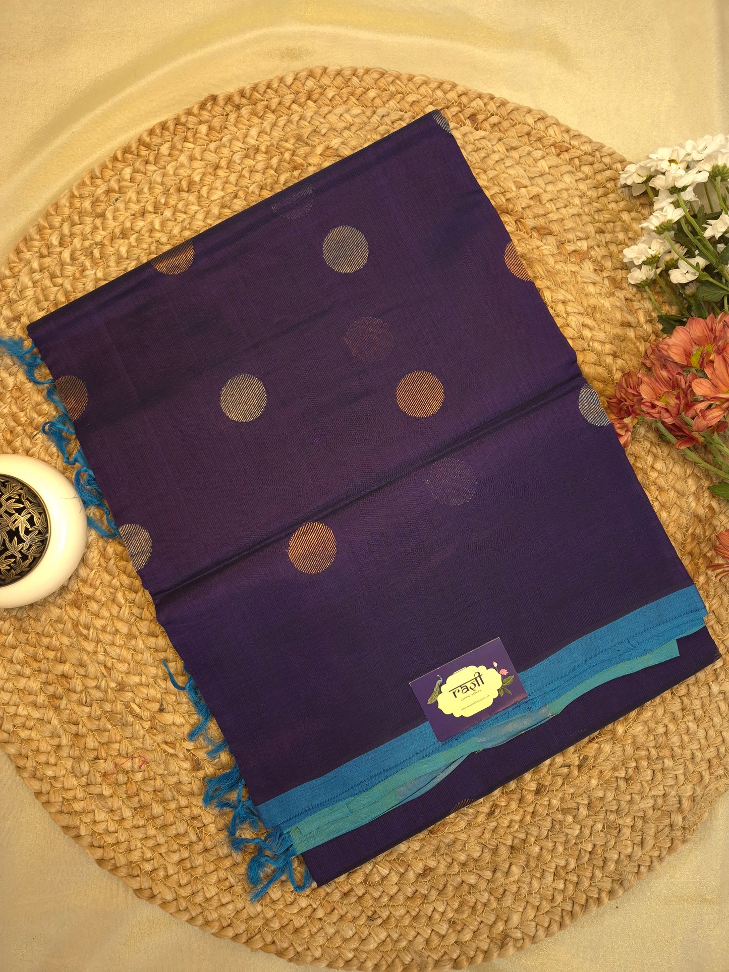 Navy Blue Sico Silk Saree with Golden and Silver Polka all-over Buttas