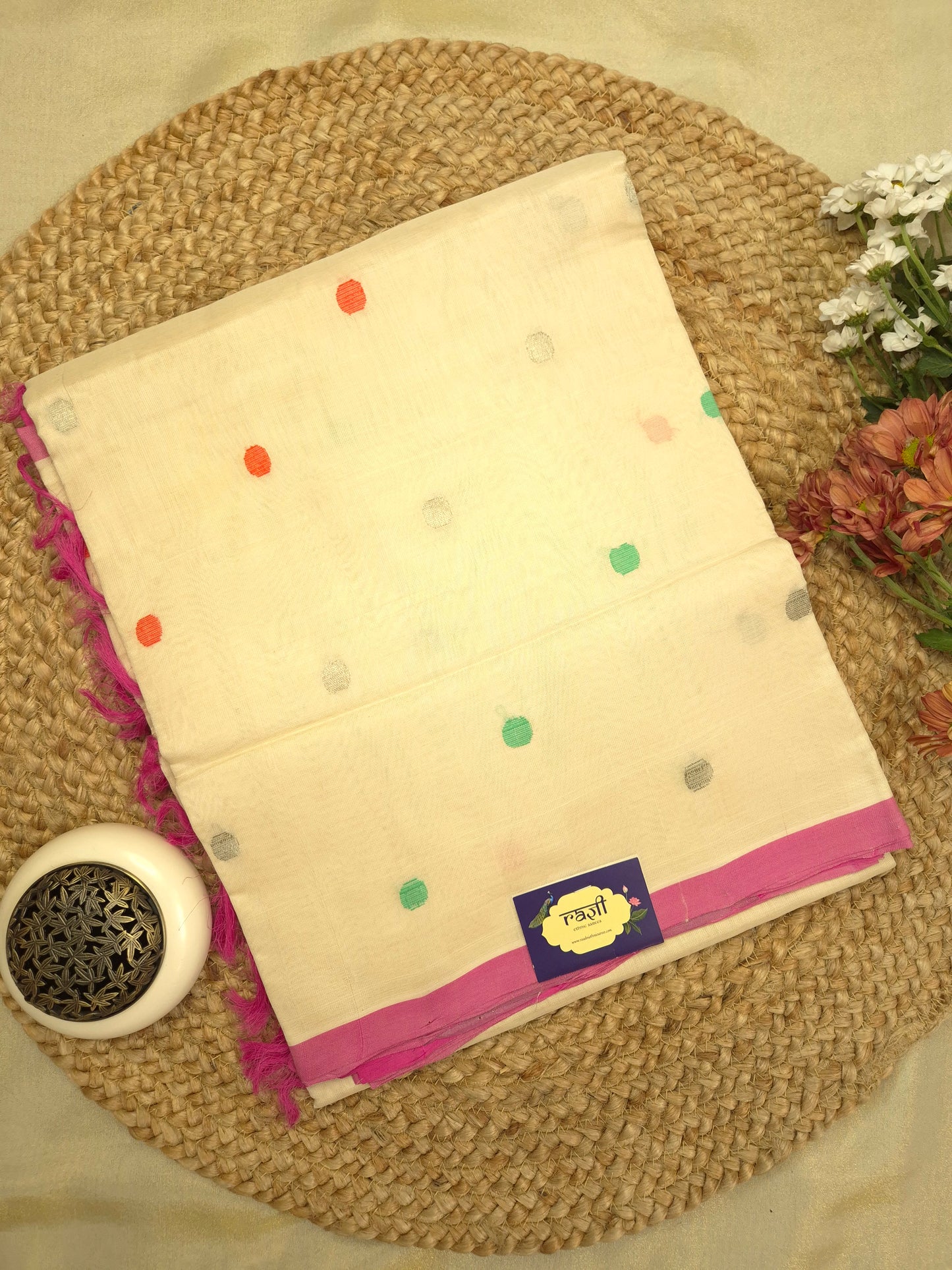 Off-White Sico Silk Saree with Colourful Polka Buttas all over