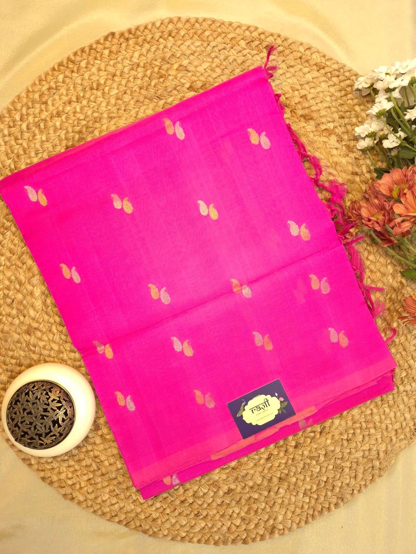 Pink Sico Silk Saree with Golden and Silver all-over Buttas