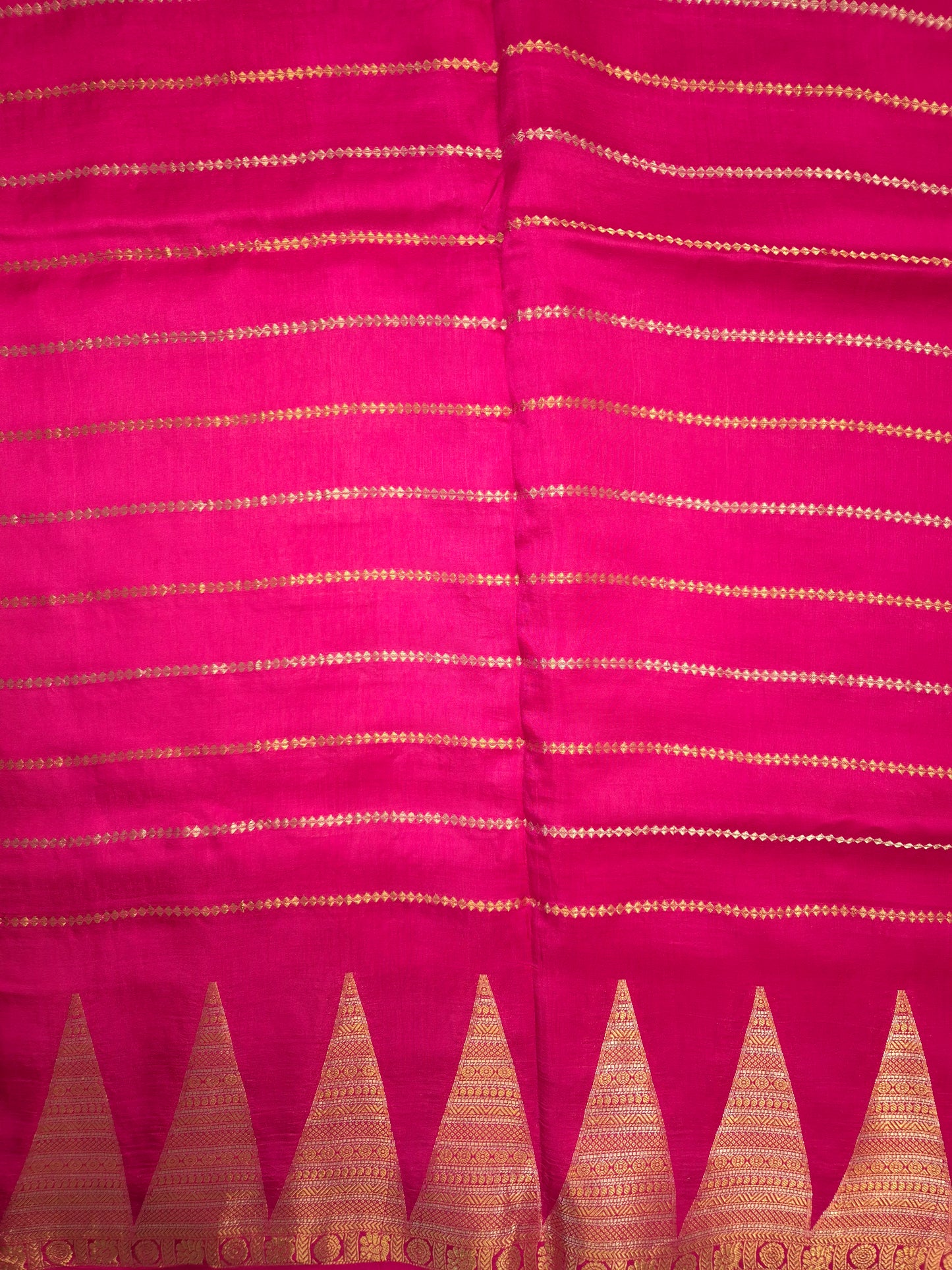 Rani Pink Mona Silk Saree with Golden and Silver Zari with contrast Purple Blouse