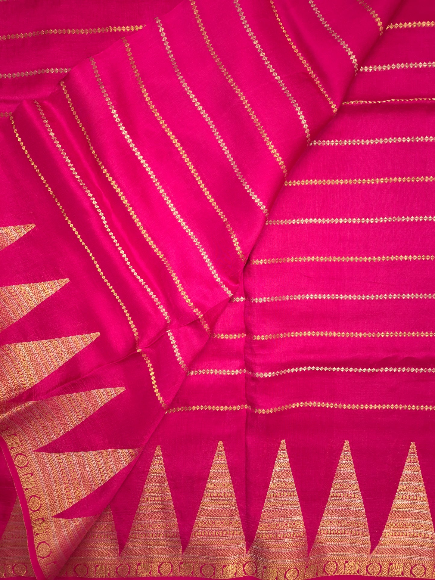 Rani Pink Mona Silk Saree with Golden and Silver Zari with contrast Purple Blouse