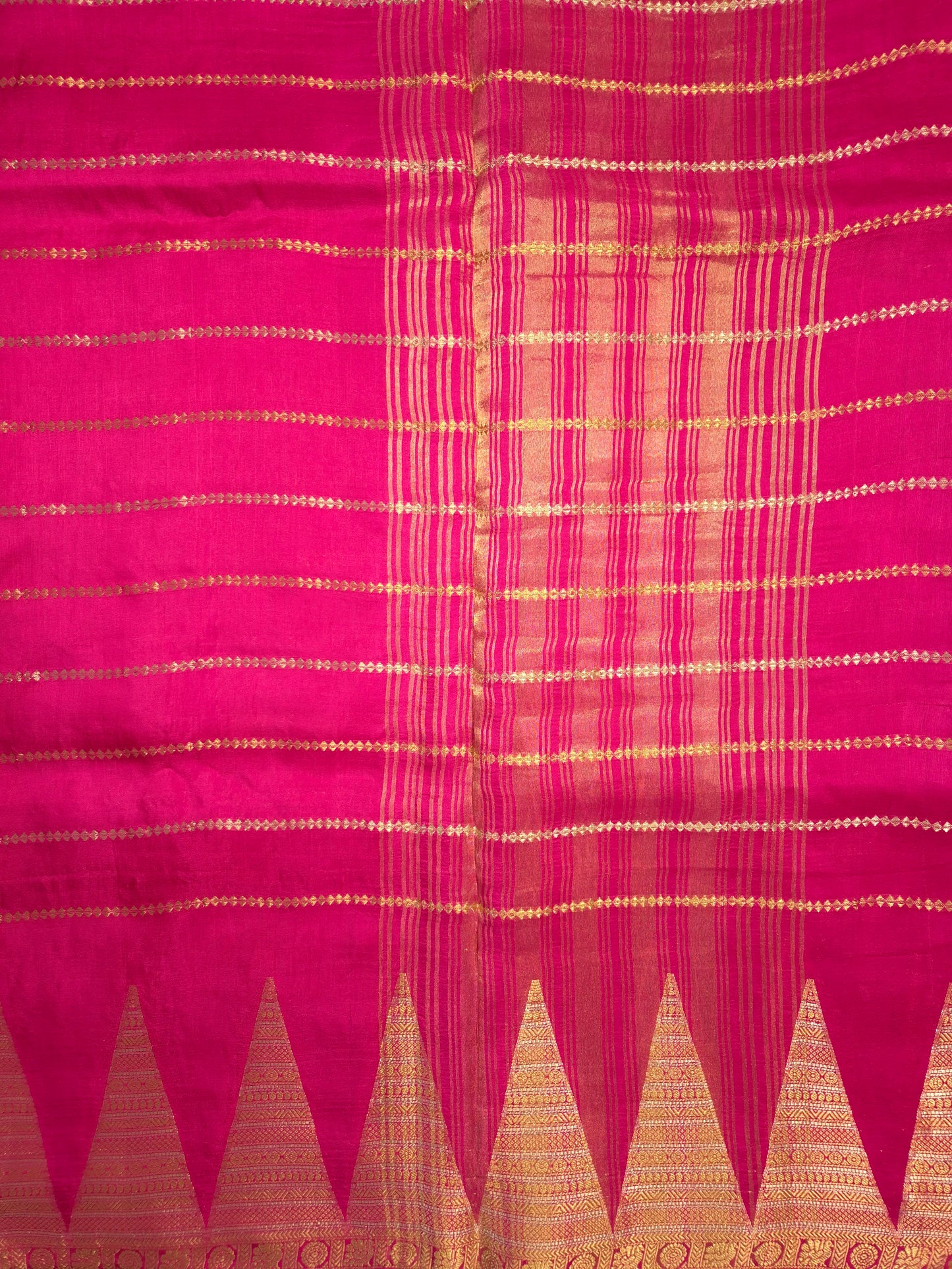 Rani Pink Mona Silk Saree with Golden and Silver Zari with contrast Purple Blouse