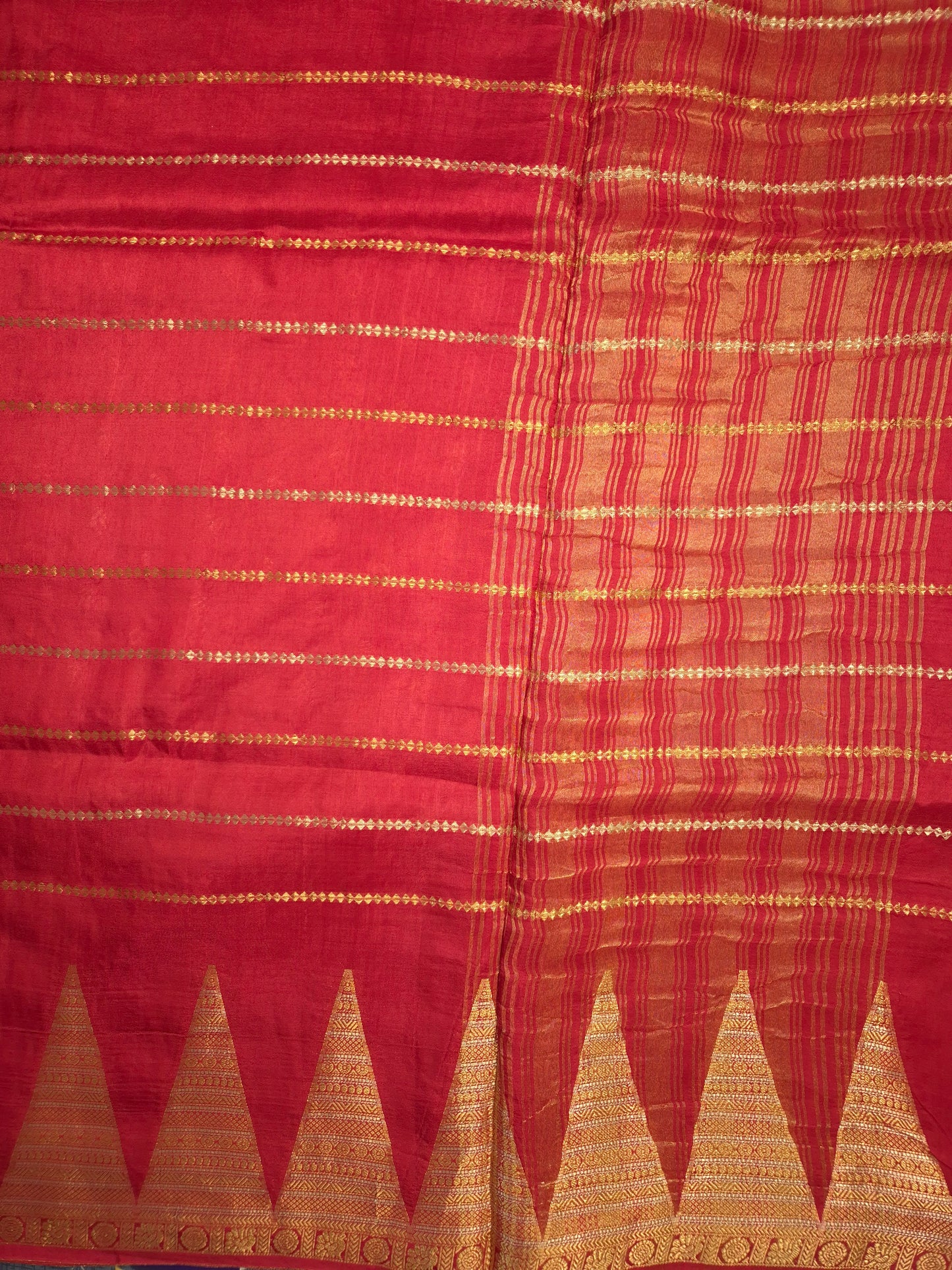 Red Mona Silk Saree with Golden and Silver Zari