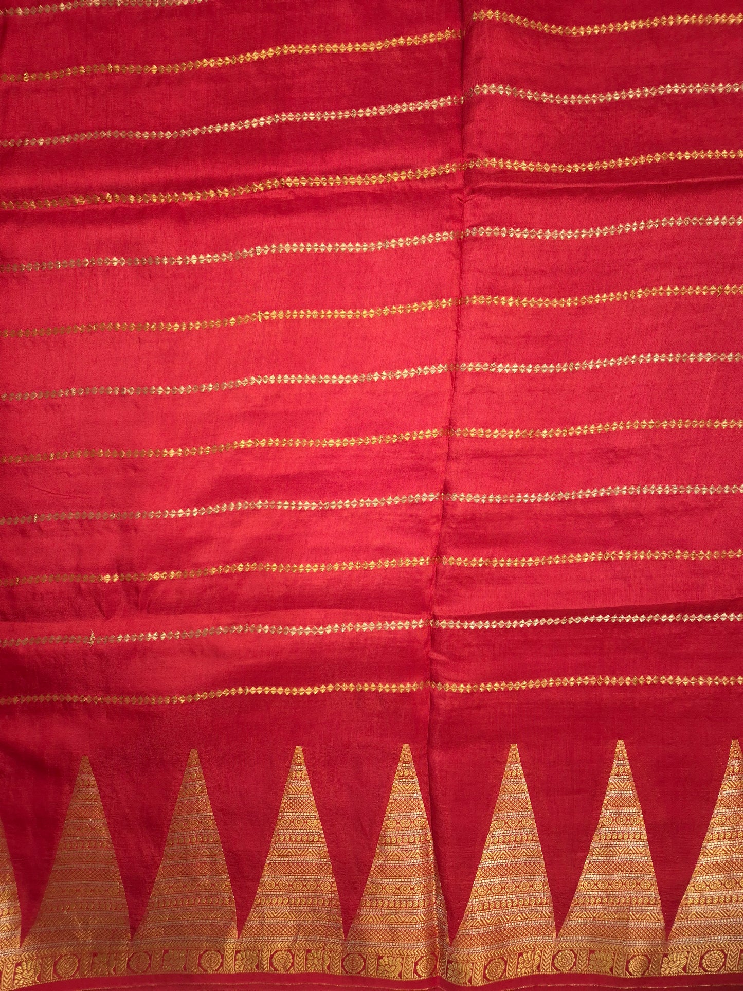 Red Mona Silk Saree with Golden and Silver Zari