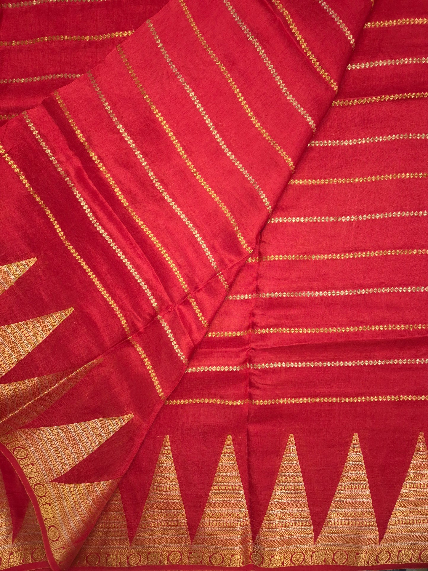 Red Mona Silk Saree with Golden and Silver Zari