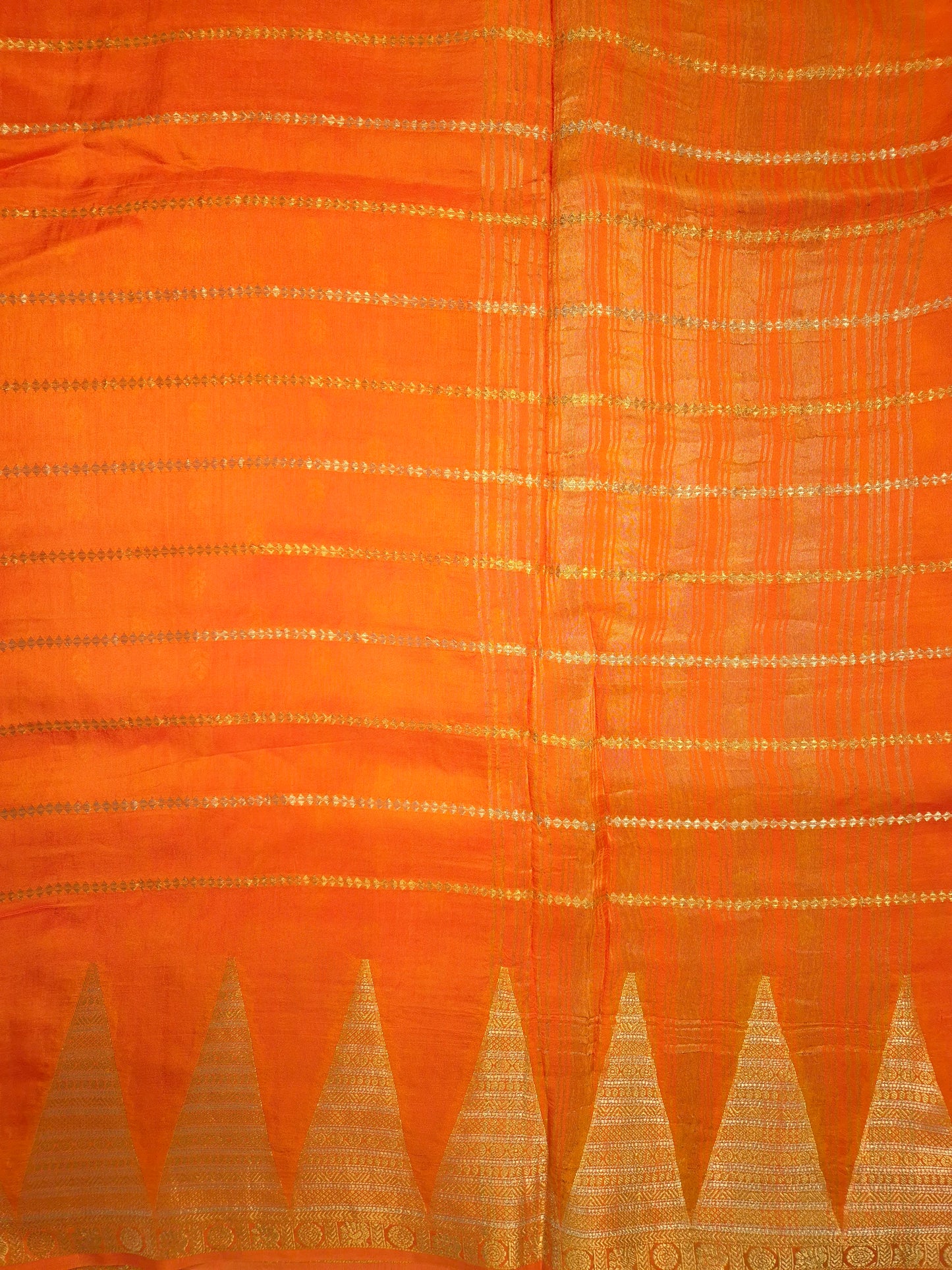 Orange Mona Silk Saree with Golden and Silver Zari with contrast Pink Blouse