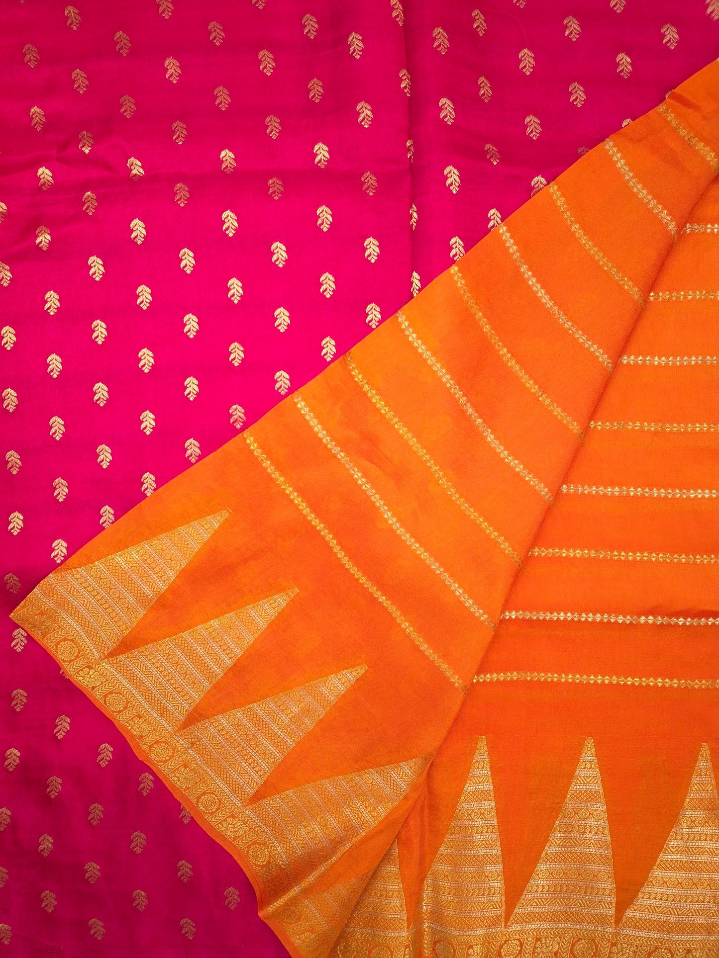 Orange Mona Silk Saree with Golden and Silver Zari with contrast Pink Blouse