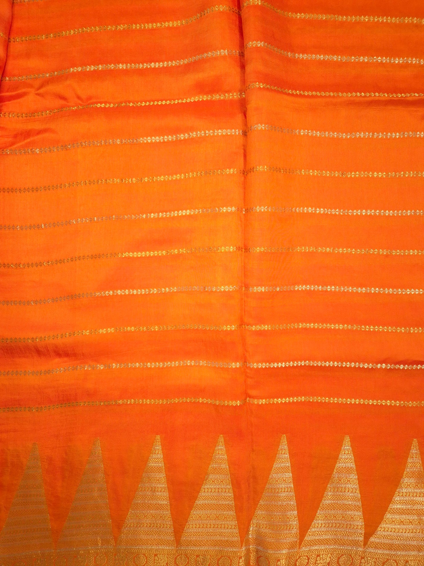 Orange Mona Silk Saree with Golden and Silver Zari with contrast Pink Blouse